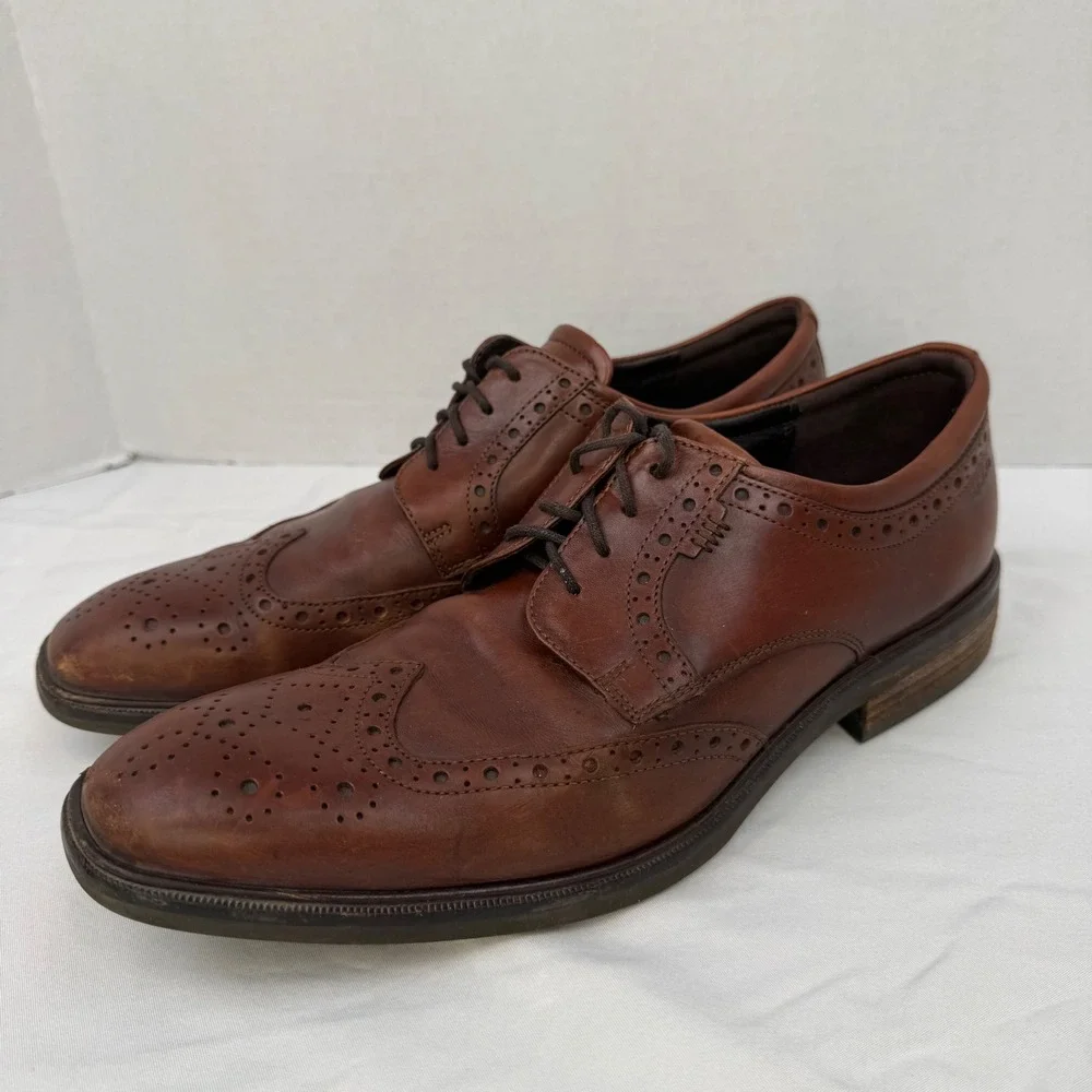 Ecco Mens Dublin Wingtip Oxford Cognac Brown Leather Brogue Dress Shoes Size 43